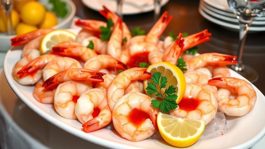 Chilled shrimp cocktail with cocktail sauce and lemon wedges on an elegant platter.